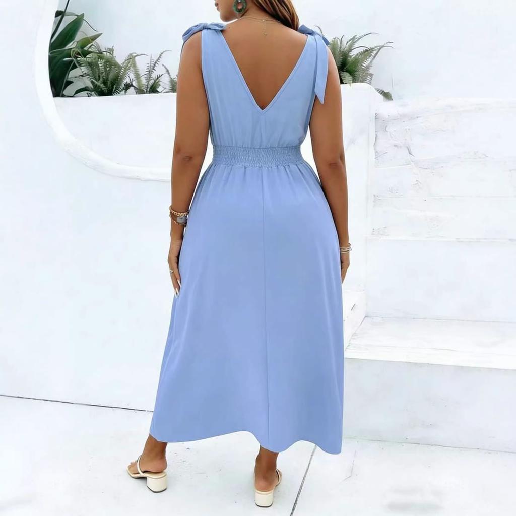 2026 New Summer Sexy Waist V-neck Bow Shoulder Strap Temperament Loose Dress