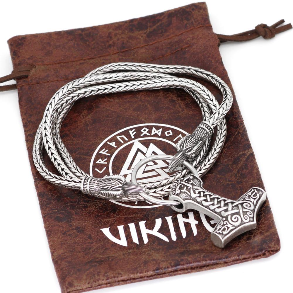 Norse Viking Raven Pendant Cord Odin's Ravens Of Thor's Hammer Amulet Axe Crow Chain Necklaces Men Ethnic Jewelry Drop Shipping