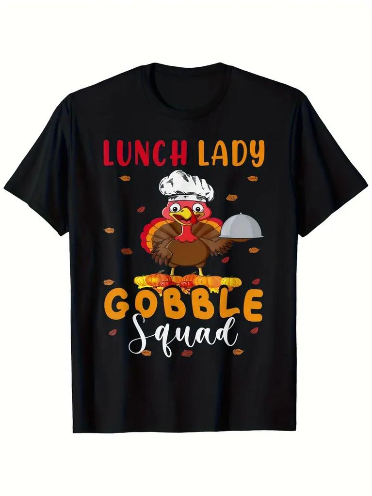 Women'S Black Thanksgiving Graphic T-Shirt - 100% Short Sleeve Retro Lunch Lady