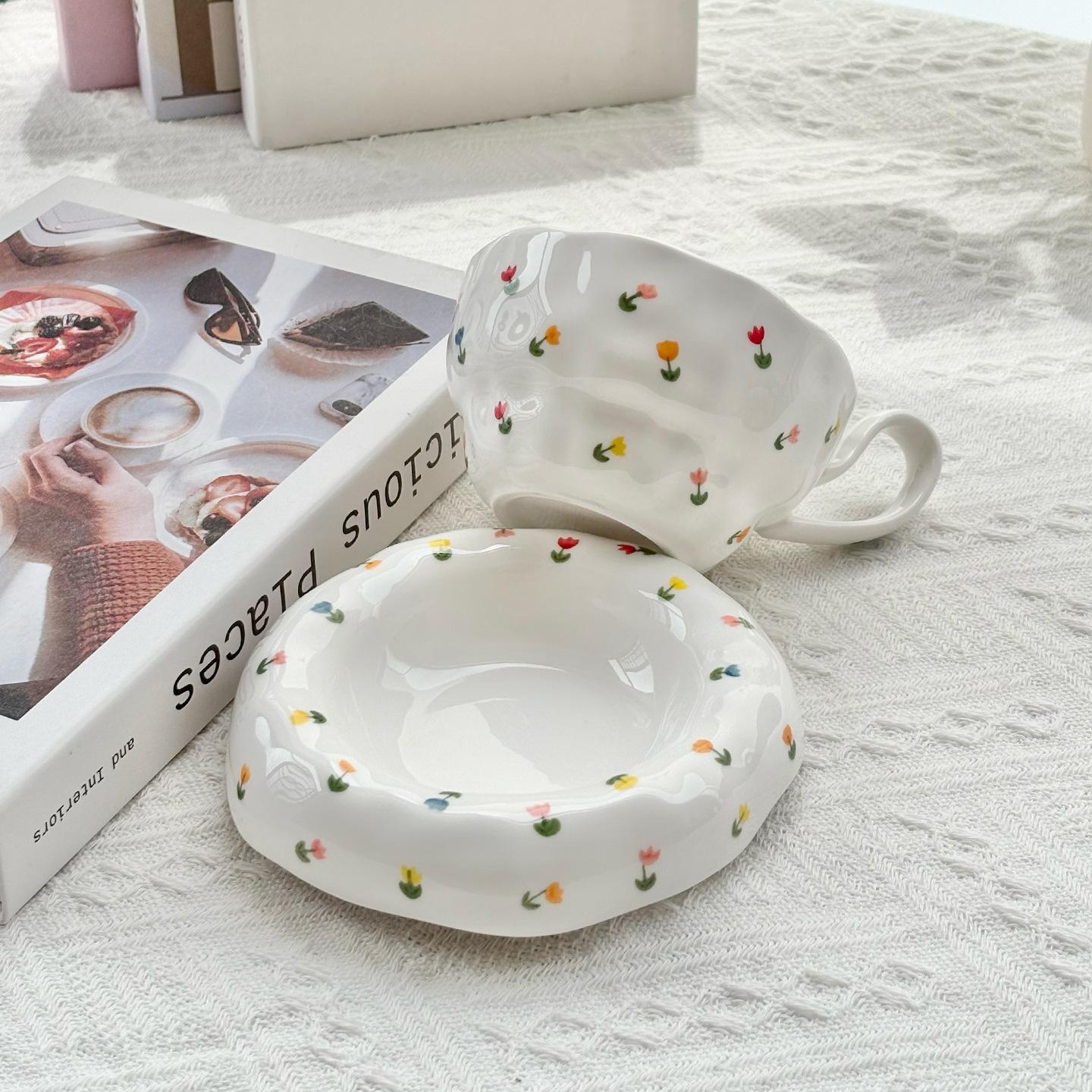 

Irregular Ceramic Coffee Cups and Plates Flower Patterned Water Cup Afternoon Tea Mug Breakfast Cup Milk Mug Milk Tea Cups 201-300ml