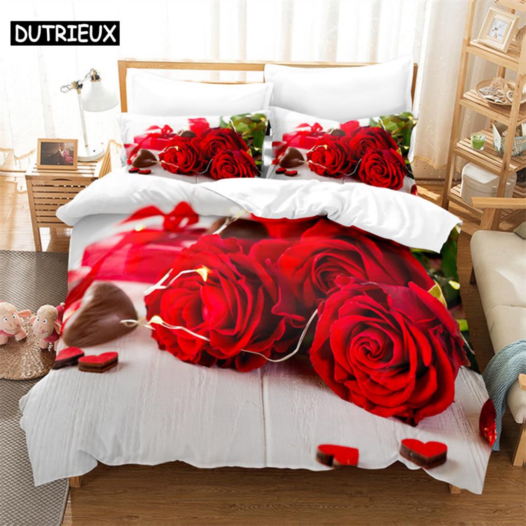 Luxury Red Rose Queen Bedding Set Duvet Cover Set Bedding Comforter Bedding Sets Bed Linen King Size Duvet Cover Bedding Set