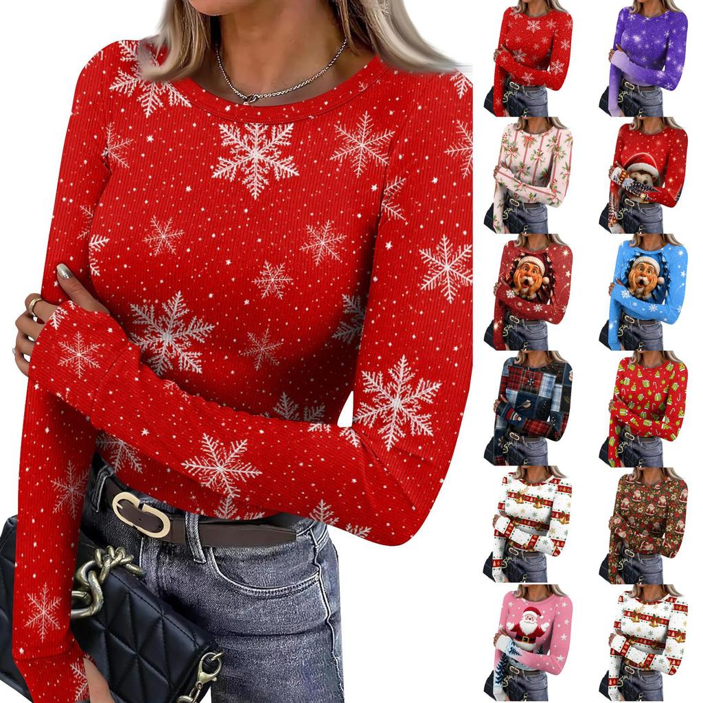 Women's Slim Fit Base Layer T-Shirt, Christmas Print Crewneck Long Sleeve Top with Thumb Holes
