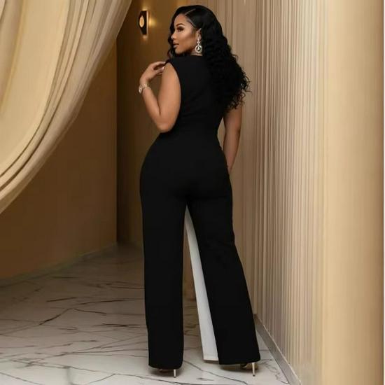 2026 European & American Deep V-neck Sleeveless High-waist Color Block Evening Jumpsuit