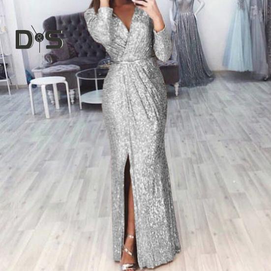 Abendkleid für Damen, tiefer V-Ausschnitt, Pailletten-Dekor, lange Ärmel, elastische Taille, plissiert, geteilter Saum, einfarbig, formelle Anlässe, Hochzeit, Party, Abschlussball, Maxikleid