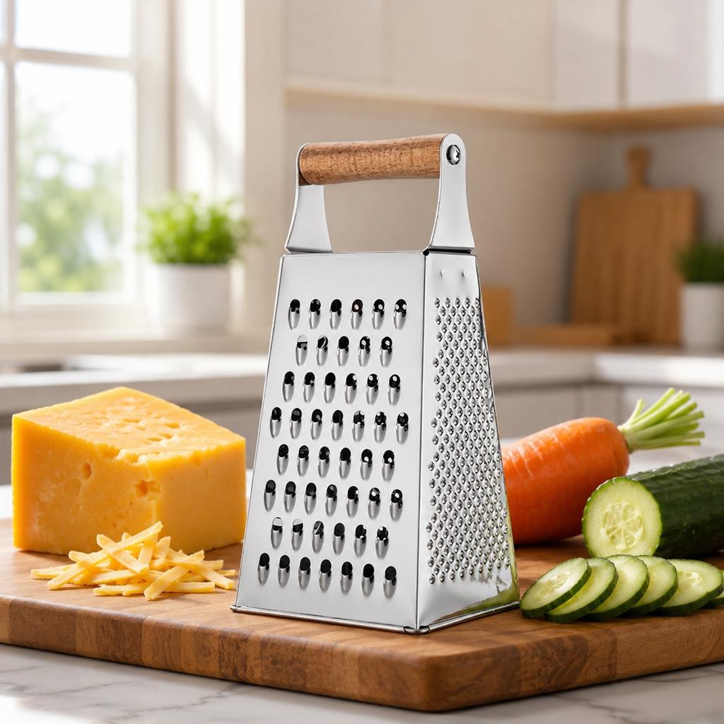 Râpe à fromage à quatre côtés en acier inoxydable de 9 pouces avec manche en bois pour râper, trancher et râper finement le fromage, les légumes, les fruits et les aliments