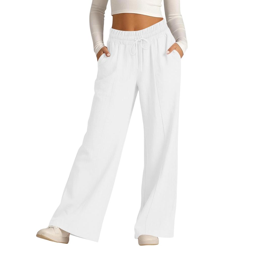 Women's Casual -Color High-Waisted Wide-Leg Drawstring Pants With Pockets