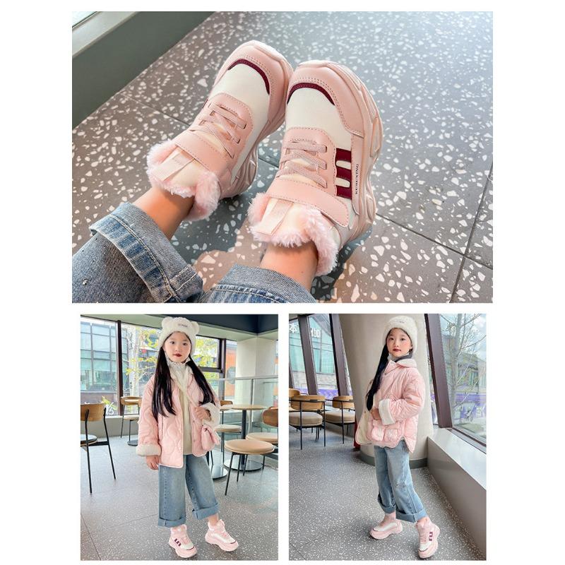 Kids Girls Winter Thickened Fleece Warm Velcro Sports Sneakers