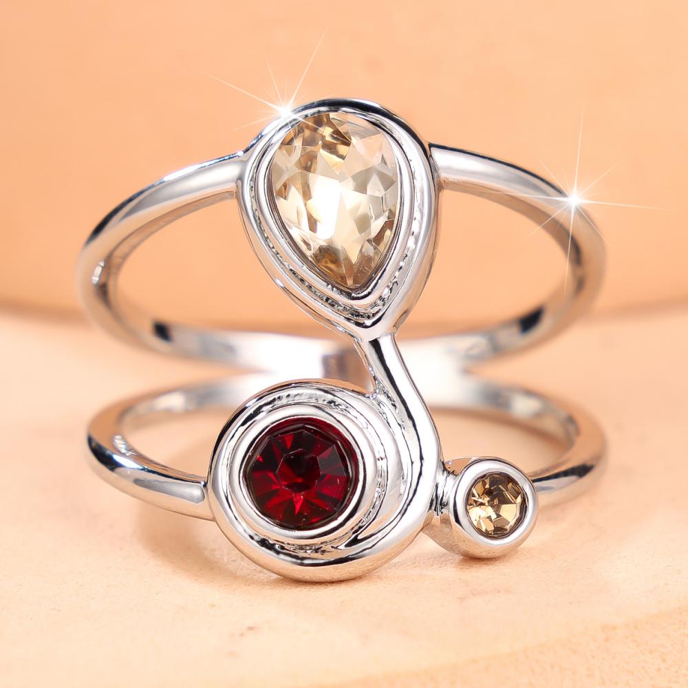 Charming Silver Color Teardrop Red Zircon Two Layer Ring for Women Daily Wear and Party