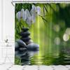 Spa Shower Curtain Zen Garden Green Bamboo Black Stone Floral Water Relax Nature Japanese Asian Fabric Bathroom Decor Set with