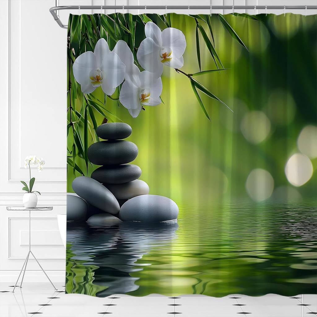Spa Shower Curtain Zen Garden Green Bamboo Black Stone Floral Water Relax Nature Japanese Asian Fabric Bathroom Decor Set with