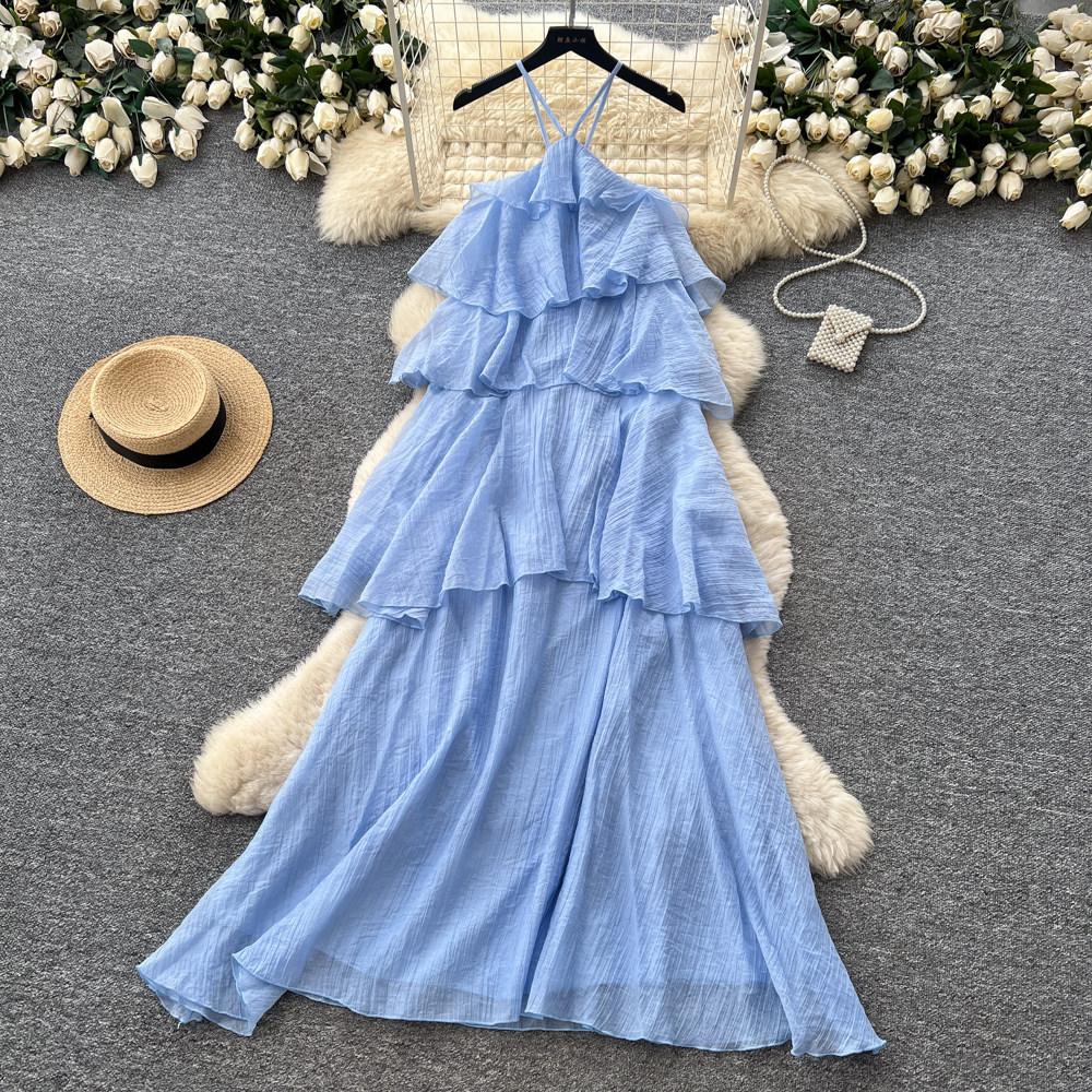 Holiday style sleeveless romantic style yellow cake dress female summer lotus leaf edge thin fairy temperament dress