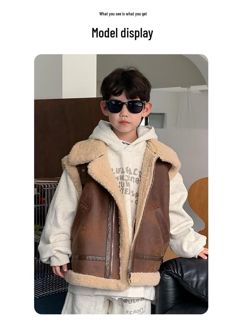 Boys' Retro Lambswool Vest - 2024 Winter Korean Style Warm Sleeveless Jacket for Small and Medium Children