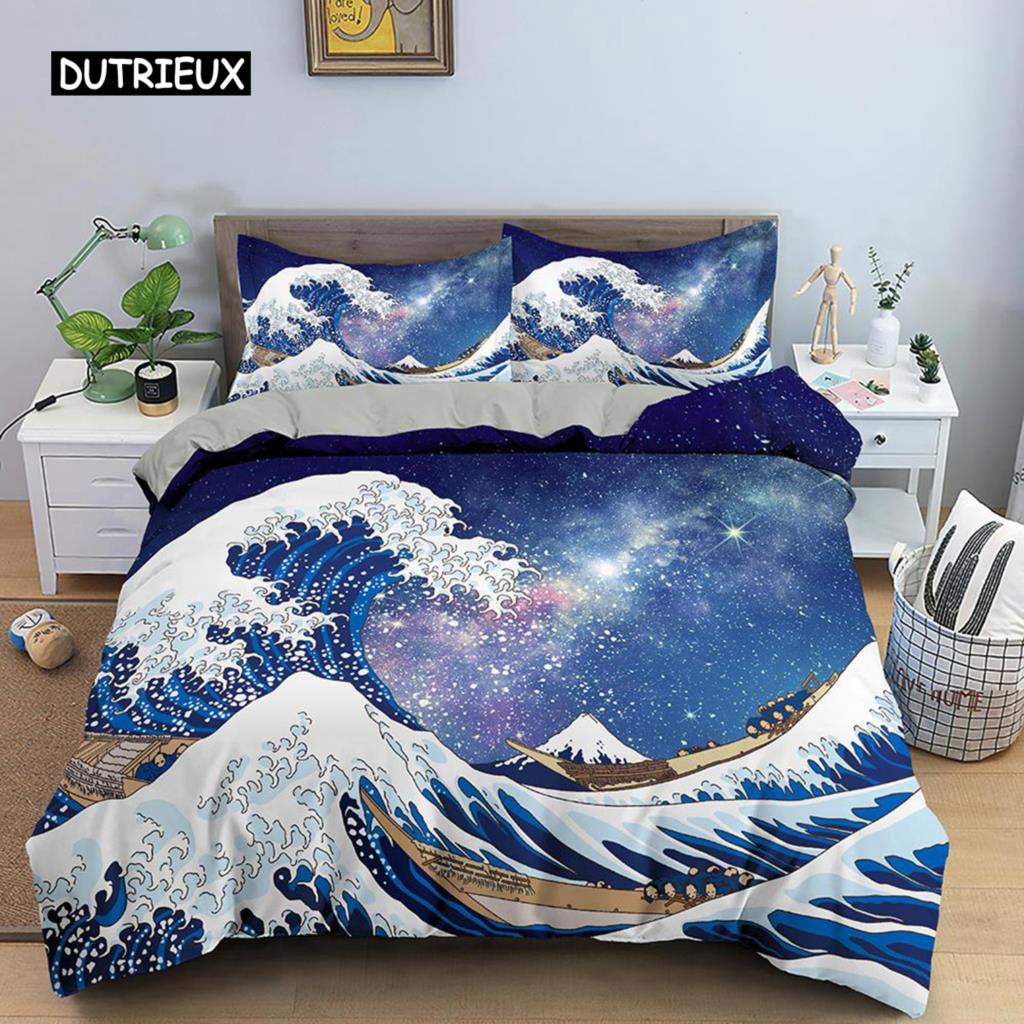 Wave Duvet Cover Set for Kids Teens Adult King Size Abstract Blue Ocean Comforter Cover Waves Sailing Moon Polyester Bedding Set