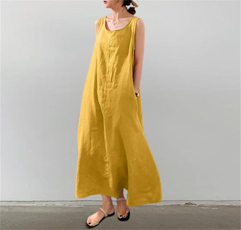 Summer Sleeveless Beautiful Long Maxi Mori Girl Loose Plus Simple Yellow [kisetsumate] Women's Cotton-Linen Dress, Dress, Linen-Style, Style, Fit,