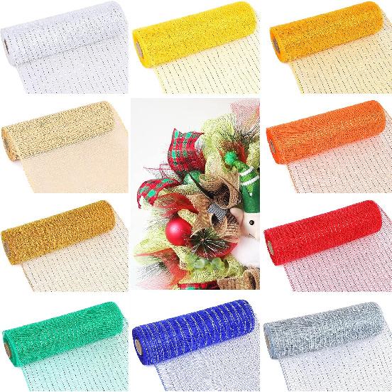 2 Pack Deco Mesh 10 Inch x 30 Feet Decor Mesh Ribbon with Metallic Foil Deco Mesh Wreath Supplies Ribbon Mesh Roll for Spring Wreaths, Craft, Party