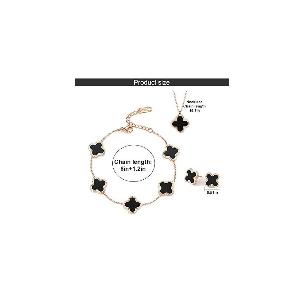 TOFBS Four-Leaf Clover Jewellery Set for Women Girls 18K Rose Gold Plated Stainless Steel Double-sided Four-Leaf Clover Pendant Necklace Stud Earrings