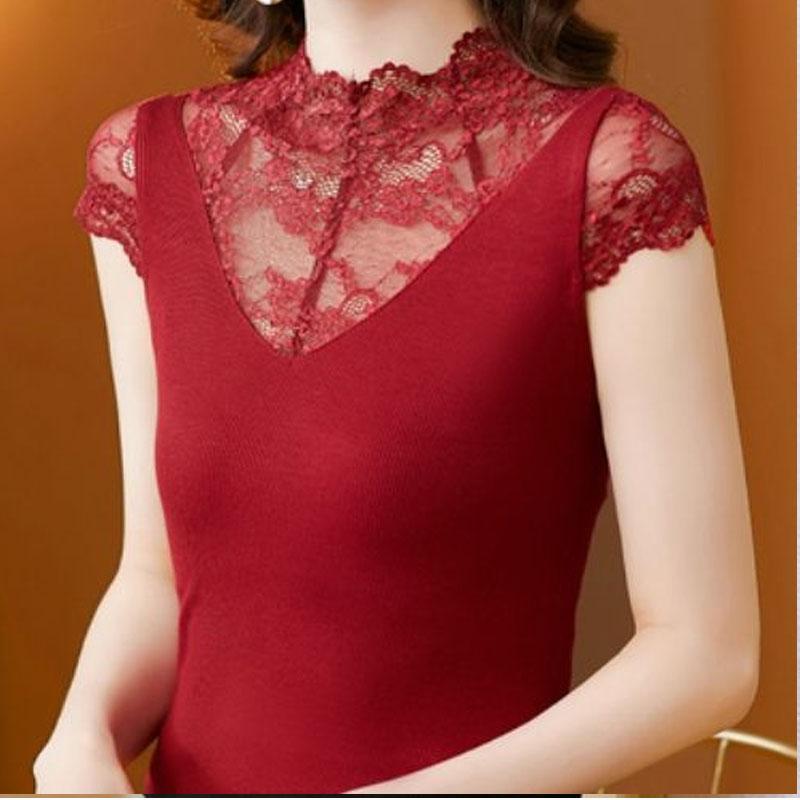

Элегантная кружевная лоскутная женская одежда однотонная облегающая винтажная базовая рубашка женская летняя новая футболка с полувысоким воротником XXXL бордовый