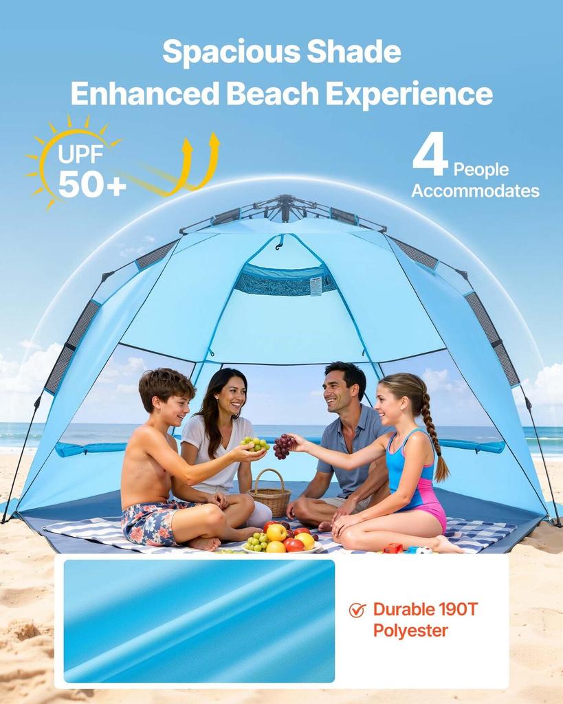 Beach Tent Sun Shelter for 4 Person, Pop Up Beach Tent UPF 50+ Protection, Portable Sun Shade Canopy with Carrying Bag and Sand Pockets, Easy Setup
