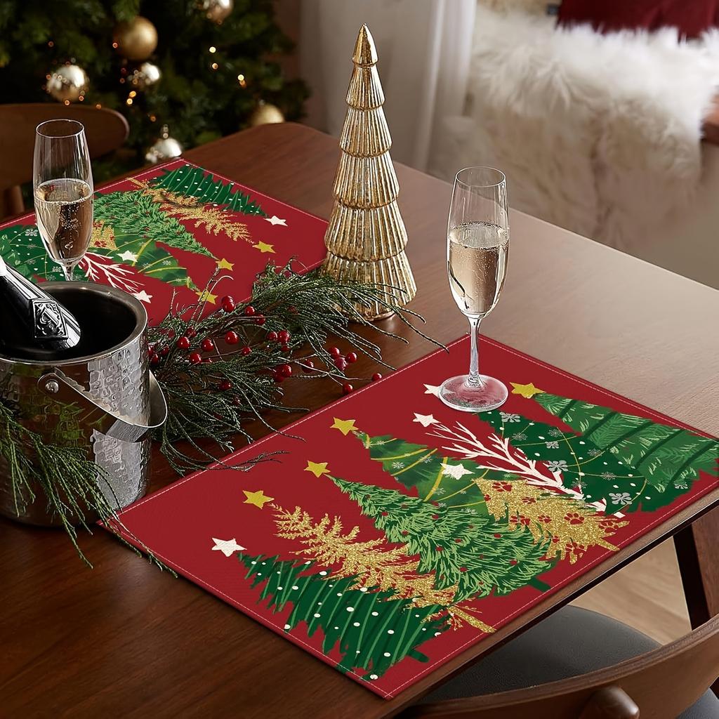 4pcs Linen Placemats, Christmas Tree and Red Background Placemats 12x18 inches, Suitable for Kitchen Restaurant Holiday Dining and Coffee Table