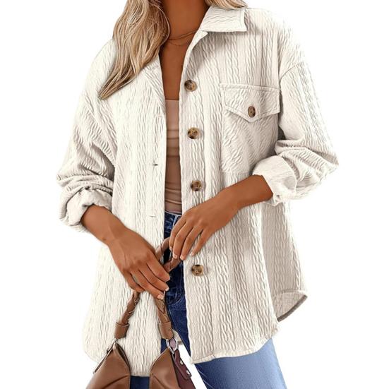Camicia da donna con risvolto, manica lunga, tasca con patta, monopetto, tinta unita, trama intrecciata, vestibilità oversize, giacca