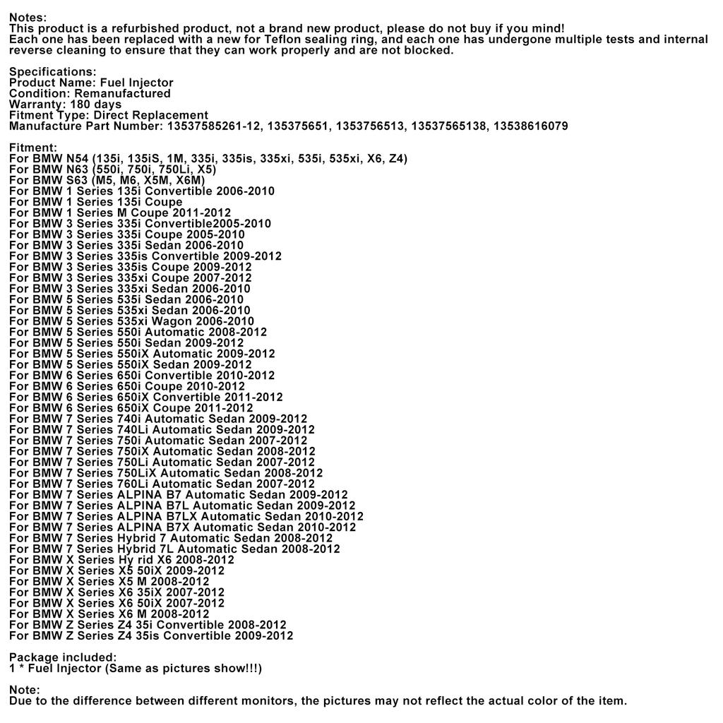 1PCS Fuel Injector 13537585261-12 Fit BMW N54 N63 335 535 550 750 X5 X6