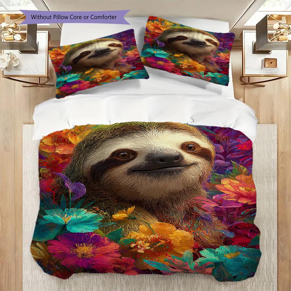 Sloth Pattern Bedding Quilt Set Quilt Cover Pillowcase Home Decoration Birthday Gift (1 * Duvet Cover + 2 * Pillowcase, Without Core)
