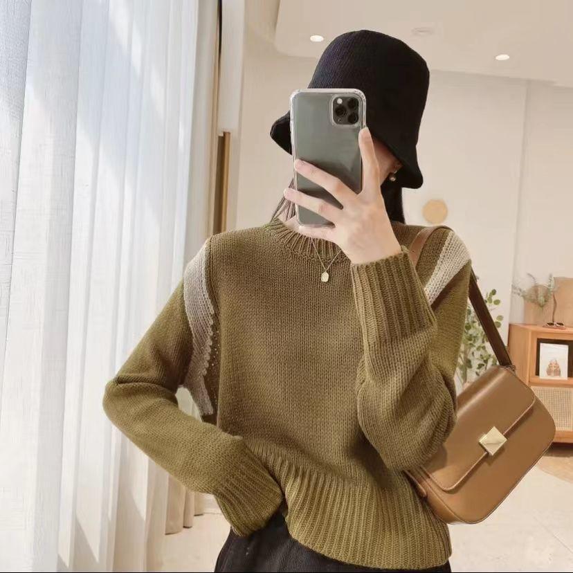 

Дизайнерский контрастный пуловер, женский корейский вариант, универсальный свободный укороченный вязаный топ L