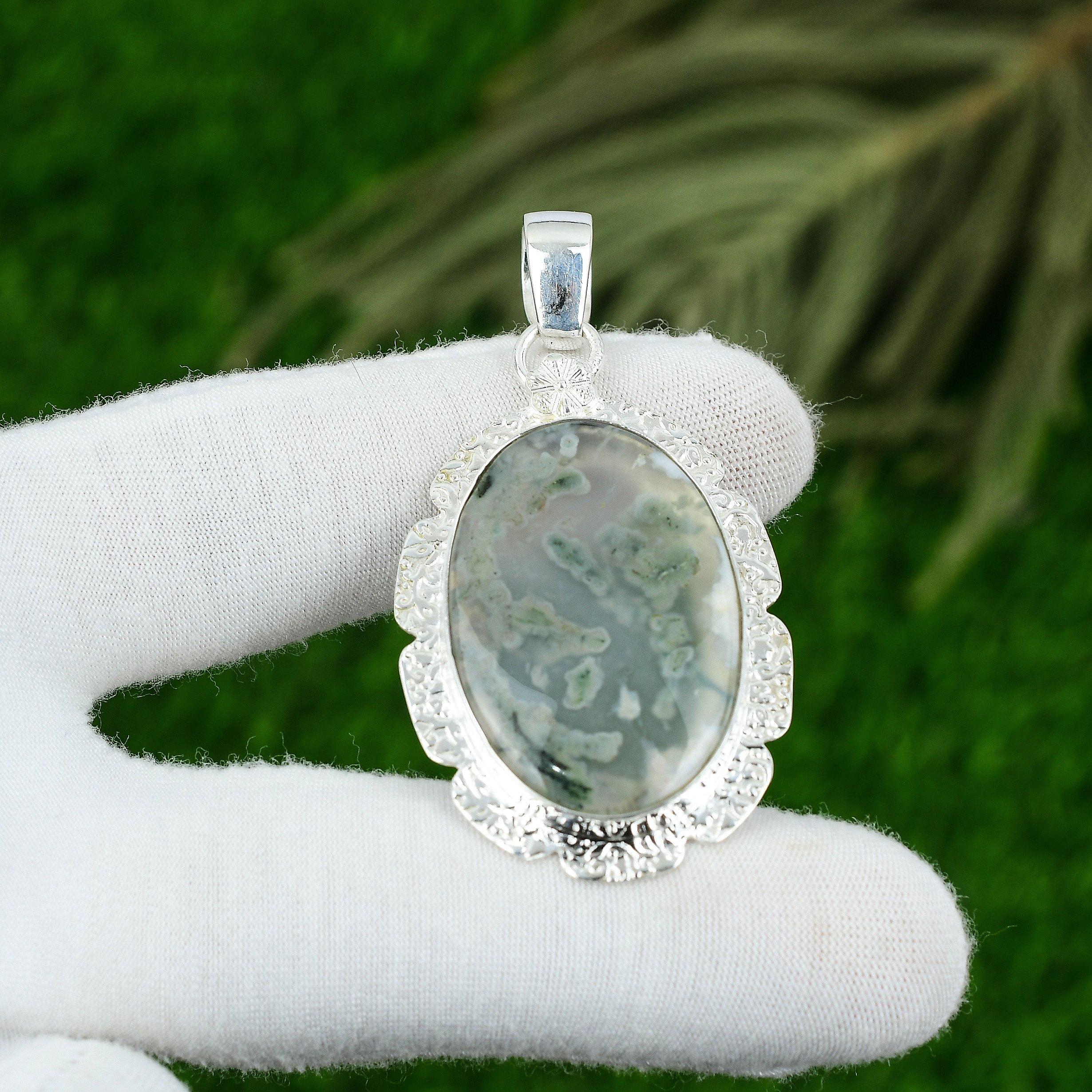 

Oval Solar Moss Agate Gemstone Wedding Bezel Unique Pendant 925 Sterling Silver