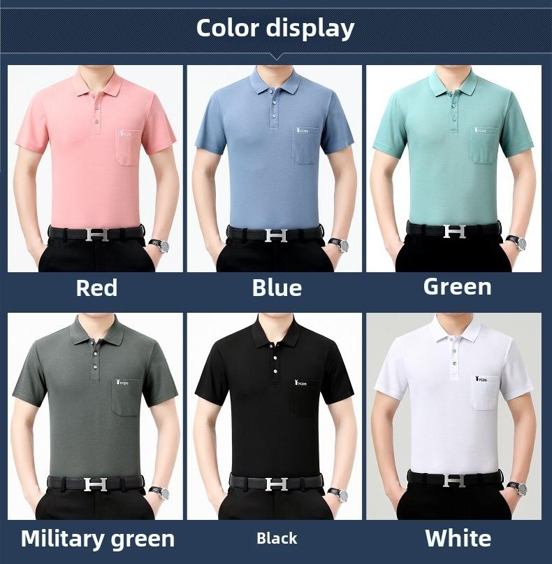 Tricou bărbătesc din mătase glacială cu rever și buzunare reale pentru persoane de vârstă mijlocie și vârstnici - cămașă de vară cu mânecă scurtă