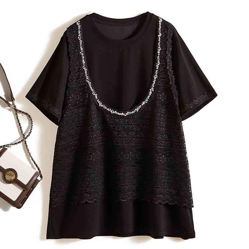 

Understand the Design Z and Enter Again! Daily Order Export Women s round Neck False Two Pieces Cotton Rhinestone Collar Long T-shirt Lace Patchwork Black L