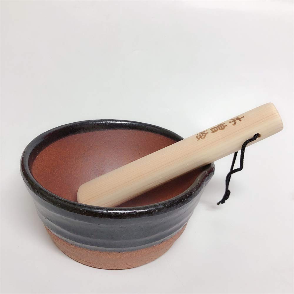 Banko Ware mortar with domestically made mortar wood Non-grooved (half black), small,