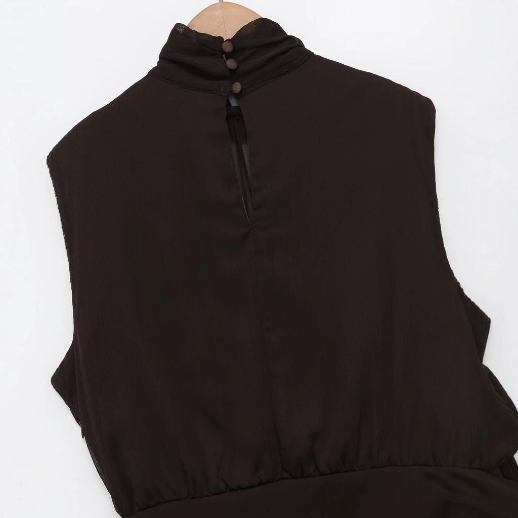 European and American style new women's clothing fashion temperament sleeveless stand-up collar pleated hip wrap mini dress