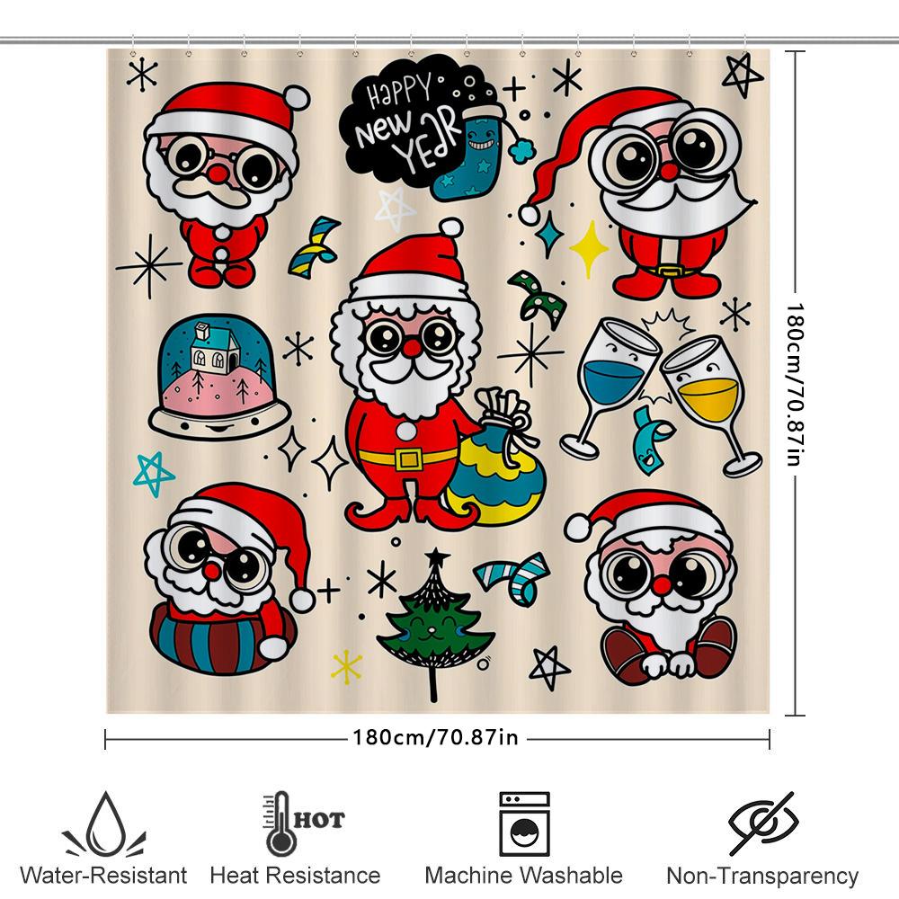 Whimsical Santa Claus Christmas Shower Curtain Set for Home Decor Happy New Year Party Decoration Gifts Idea