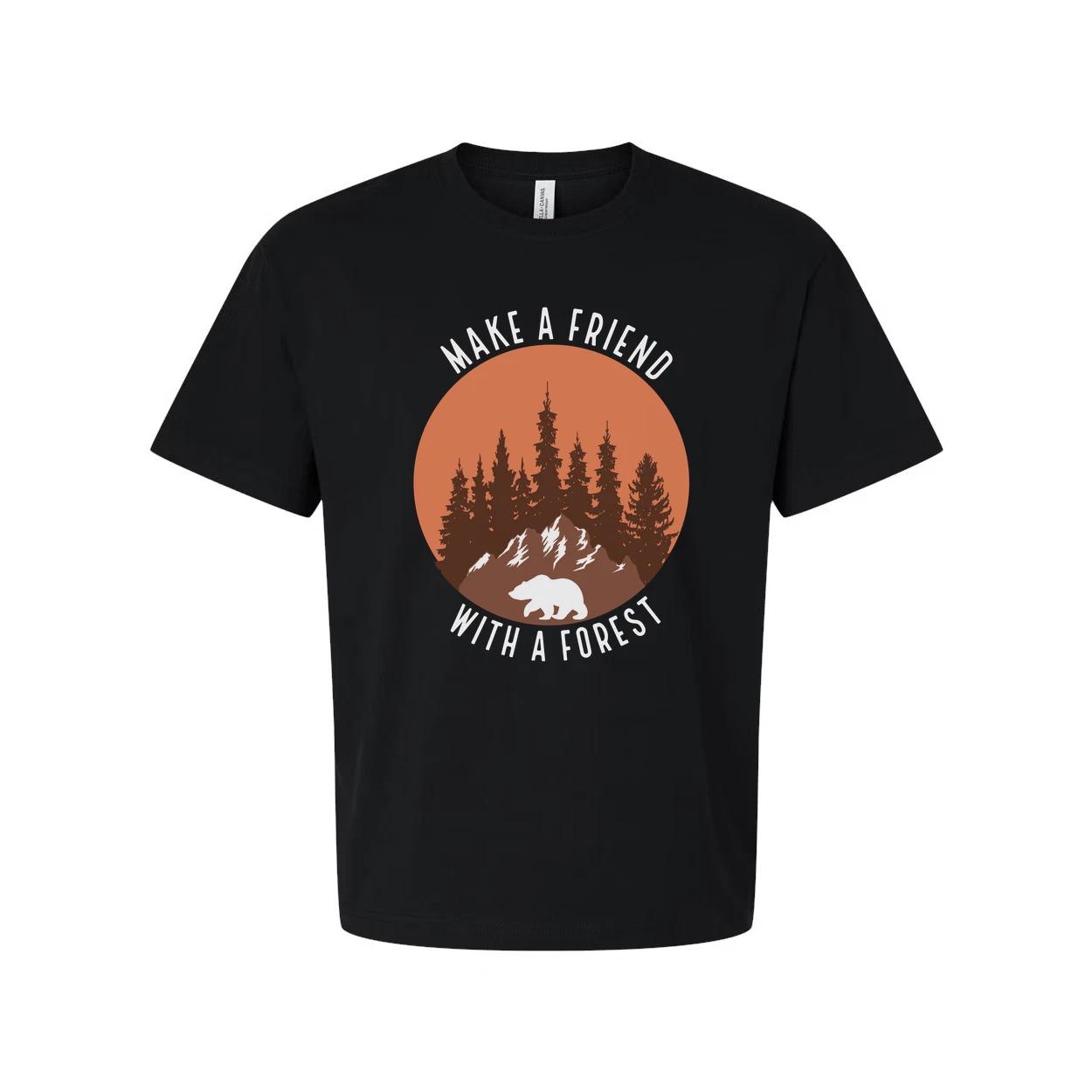 

Унисекс футболка для активного отдыха с графическим принтом: силуэт леса, медведь на фоне заката. Для природы. Размер L 2XL