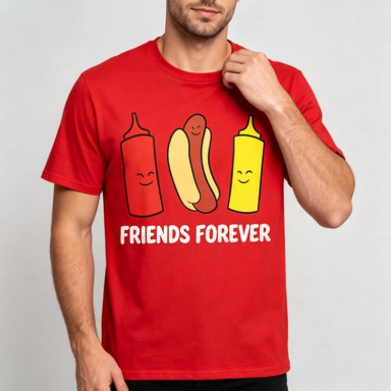 Unisex 100 Cotton O Neck T Shirt Cute Cartoon Hot Dog Ketchup Mustard Bottles Friends Forever Text Fast Food Tee Tops
