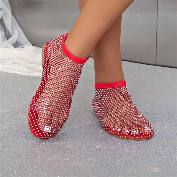 

Туфли из ажурной сетки для женщин, весенние универсальные и стильные босоножки на низком каблуке со стразами и одним каблуком 38 красный