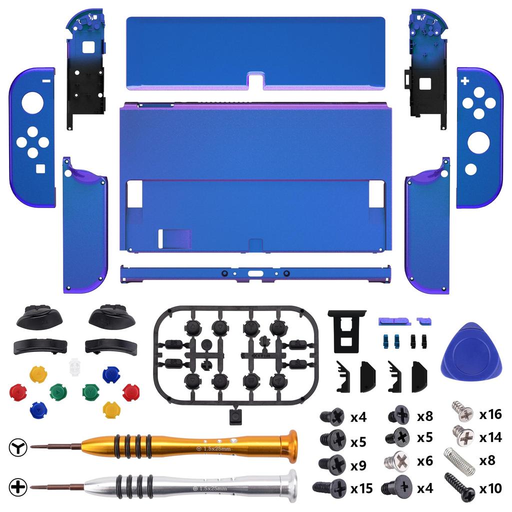eXtremeRate Switch OLED Backplate PC Compatible with Switch Handheld Includes Kickstand and Full Button Set & Stand, Joy-Con Controllers, [Chameleon