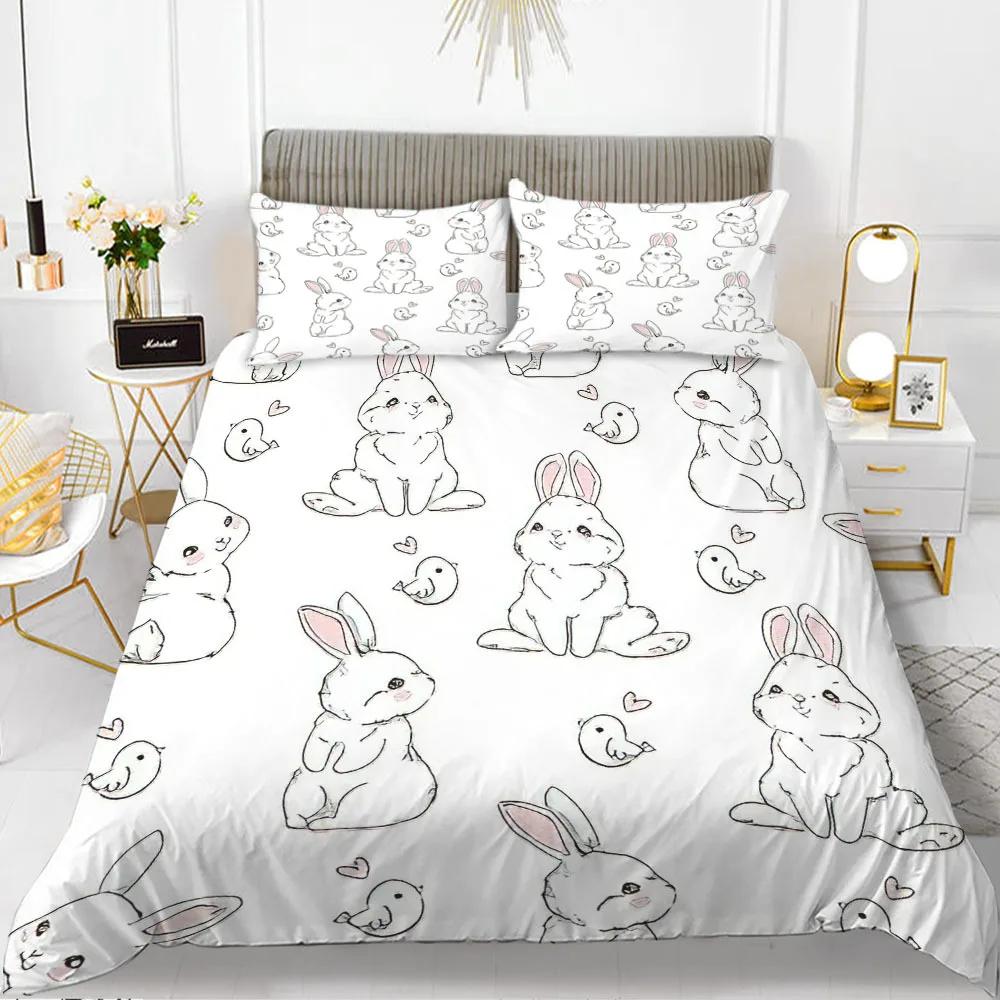 Rabbit Duvet Cover Set Cartoon Animals Theme 3D Print Kawaii Cute Pink King Queen Size For Boy Girls Women Polyester Bedding Set