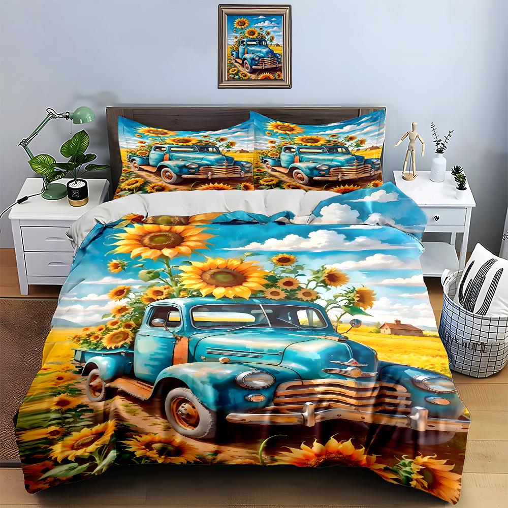 Vintage truck sunflowers Bedding Duvet cover sets Duvet covers Pillowcases gifts (1 * Duvet Cover 2 * Pillowcases, without duvet insert)