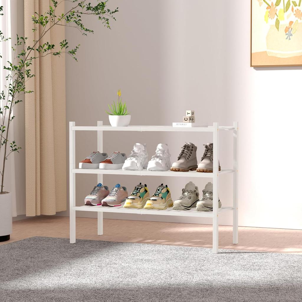 3-Tier Bamboo Shoe Rack - Free Standing Space-Saving Shoe Shelf Organizer for Small Spaces, Stackable Eco-Friendly