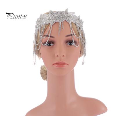 Women Headband Shiny Rhinestones Flower Shape Chain Tassel Hairband with Beads Decoration Bridal Hair Accessory