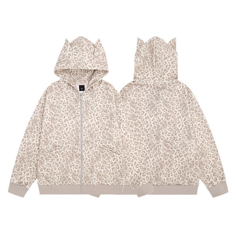 Millennium - Leopard Print Hoodie Khaki Cat Ear Hooded Sweatshirt Loose Fit Streetwear Women