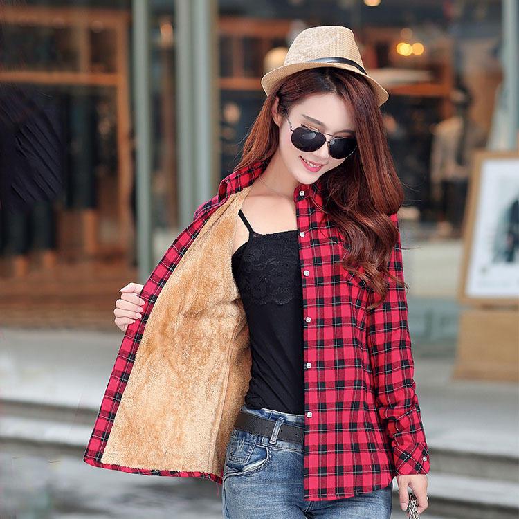 Winter Warm Women Velvet Thicker Jacket Plaid Shirt Style Coat Casual Outerwear