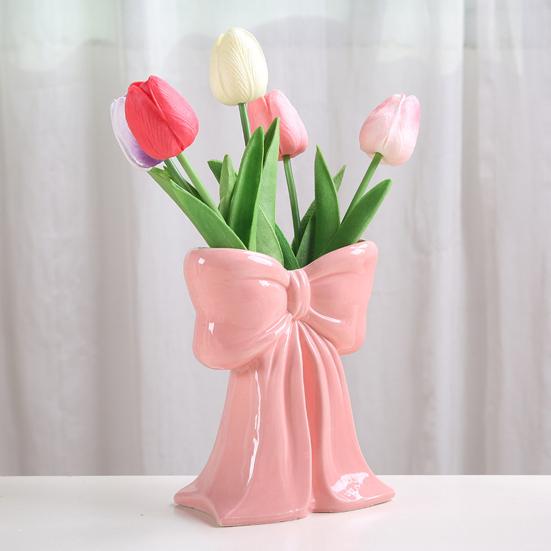 Yousheng Keramikvase mit Schleifendetail Rosa Weiß Schleife/Handtasche/Blumenstrauß Blumenvase für Wohnzimmer Esszimmer Regal Tisch Desktop Deko