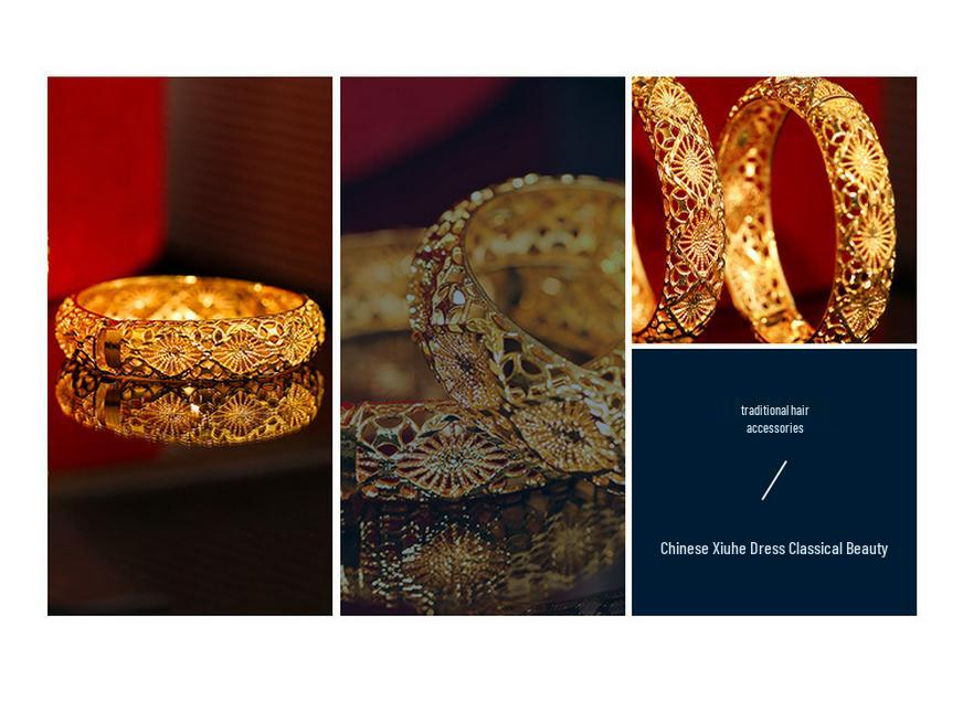 Chinese Dragon & Phoenix Retro Gold Bangle for Bride Xiuhe Dress