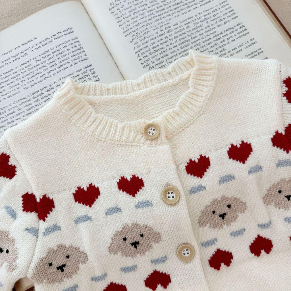 Neuer Stil Baby-Body mit Hosenträgern & Jacke: Frühling/Herbst Jacquard Bär Herz Strickjacke Zweiteiler