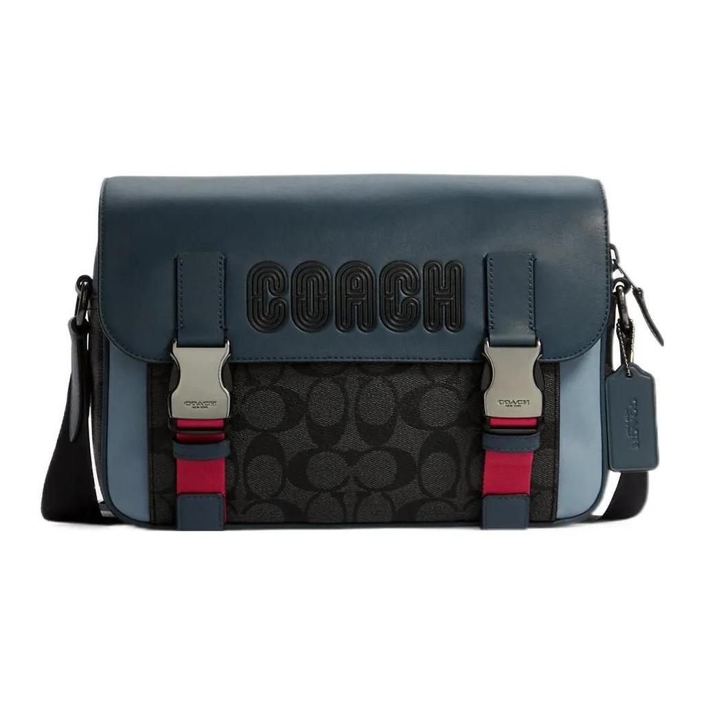 COACH Track Canvas Leather Crossbody Bags Large Men's Black Gray Blue (Unisex) Crossbody Bags C8128 QBTU3
