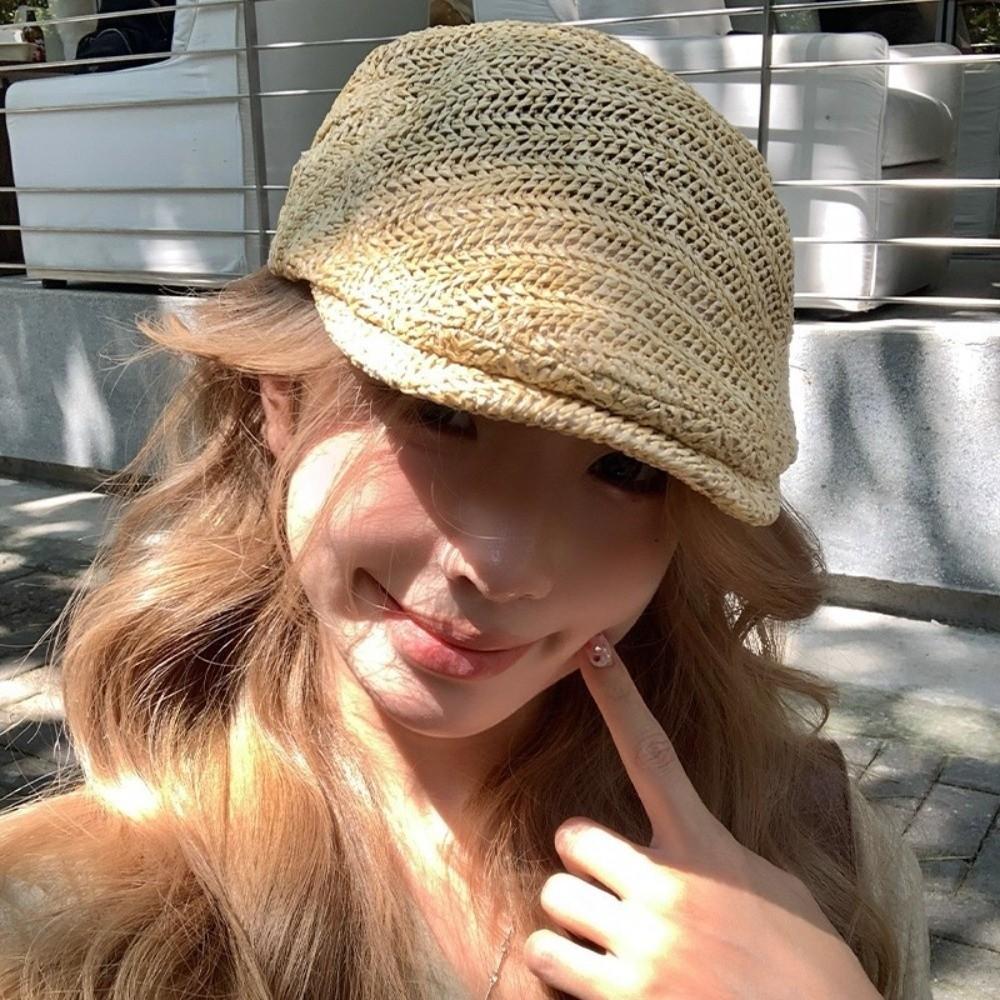 Vacation Straw Newsboy Cap Flat Painter Beret Japanese Style Straw Beret  Spring Summer