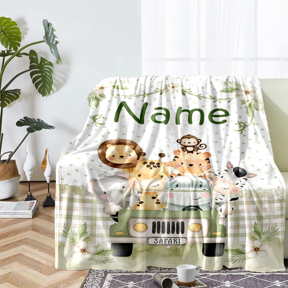 Custom Name Animals Theme Printed Blanket - Perfect for Couch, Bed, Travel & Outdoor Use | Machine Washable, Cozy & Durable.