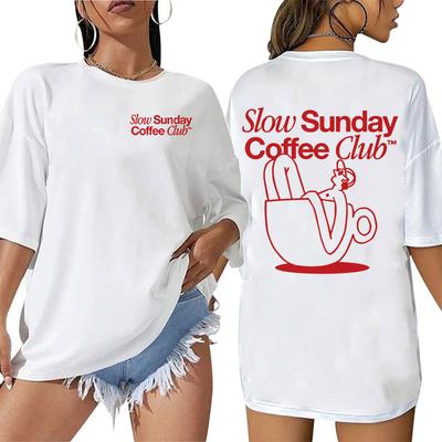 Slow Sunday Coffee Club Lustige Meme T-Shirts Herren Damen Sommer Ästhetische Kleidung T-Shirt Tops Lässig 100% Baumwolle Übergroßes T-Shirt